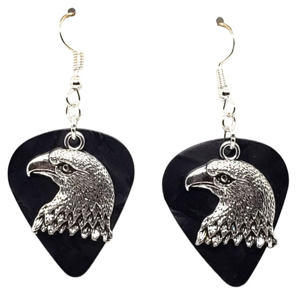 Lg Eagle Head Charm on Guitar Pick Earrings - Choose Color - Handmade in USA